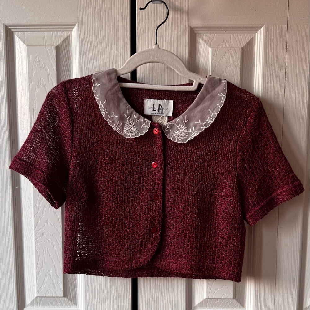 Vintage Coastal Granny Knit Cardigan Burgundy White Mesh and Embroidered Collar